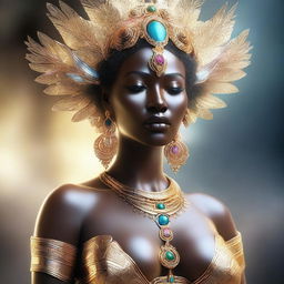 This is a high-quality, realistic digital art image featuring a goddess with an exaggerated figure, her bust size equivalent to that of a human