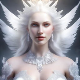 This is a high-quality, realistic digital art image featuring a white goddess with an exaggerated figure, her bust size equivalent to that of a human
