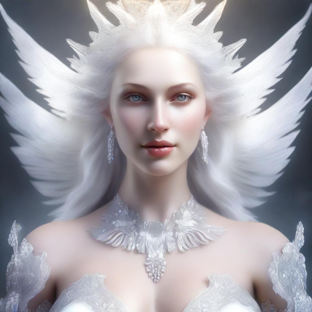 This is a high-quality, realistic digital art image featuring a white goddess with an exaggerated figure, her bust size equivalent to that of a human