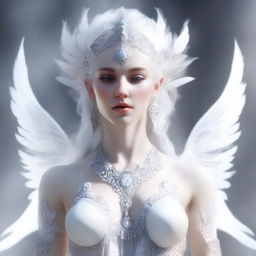 This is a high-quality, realistic digital art image featuring a white goddess with an exaggerated figure, her bust size equivalent to that of a human