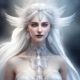 This is a high-quality, realistic digital art image featuring a white goddess with an exaggerated figure, her bust size equivalent to that of a human