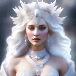 This is a high-quality, realistic digital art image featuring a white goddess with an exaggerated figure, her bust size equivalent to that of a human
