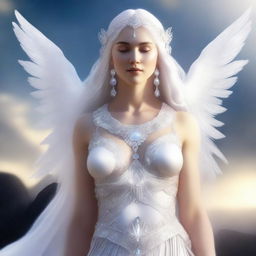 This high-quality, realistic digital art image features a white goddess with a full-bodied figure, her bust size equivalent to that of a human