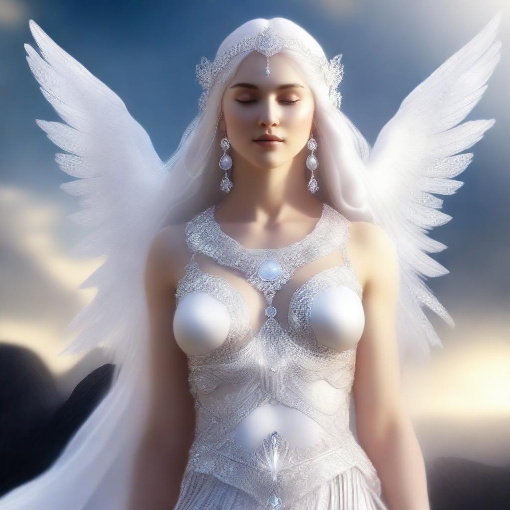 This high-quality, realistic digital art image features a white goddess with a full-bodied figure, her bust size equivalent to that of a human