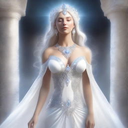 This high-quality, realistic digital art image features a white goddess with a full-bodied figure, her bust size equivalent to that of a human
