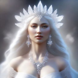 This high-quality, realistic digital art image features a white goddess with a full-bodied figure, her bust size equivalent to that of a human