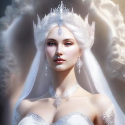 This high-quality, realistic digital art image features a white goddess with a full-bodied figure, her bust size equivalent to that of a human