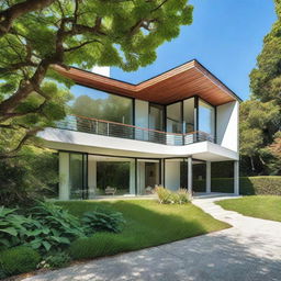 A stunning, architecturally detailed single-family house, surrounded by lush greenery under a clear blue sky.