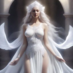 This high-quality, realistic digital art image features a white goddess with a full-bodied figure, her bust size equivalent to that of a human
