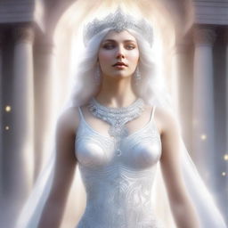 This high-quality, realistic digital art image features a white goddess with a full-bodied figure, her bust size equivalent to that of a human