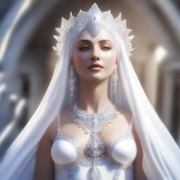 This high-quality, realistic digital art image features a white goddess with a full-bodied figure, her bust size equivalent to that of a human