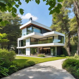 A stunning, architecturally detailed single-family house, surrounded by lush greenery under a clear blue sky.