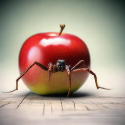 A crisp red apple mysteriously standing on arachnid-like spider legs