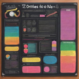 A chalkboard filled with fascinating handwritten facts in colorful chalk, accompanied by related minimalist illustrations.