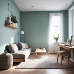 Interior view of a cozy 85 square foot room filled with minimalist modern furniture, abundant light, and soothing wall colours.