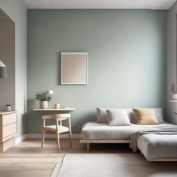 Interior view of a cozy 85 square foot room filled with minimalist modern furniture, abundant light, and soothing wall colours.