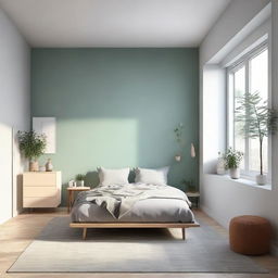 Interior view of a cozy 85 square foot room filled with minimalist modern furniture, abundant light, and soothing wall colours.