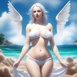 This is a high-quality, realistic digital art image featuring a white woman with a large bust, depicted as a goddess, wearing only a bikini bottom