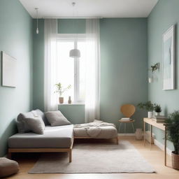 Interior view of a cozy 85 square foot room filled with minimalist modern furniture, abundant light, and soothing wall colours.