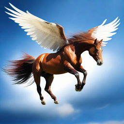 A majestic horse soaring through a deep blue sky with its powerful feathered wings fully spread