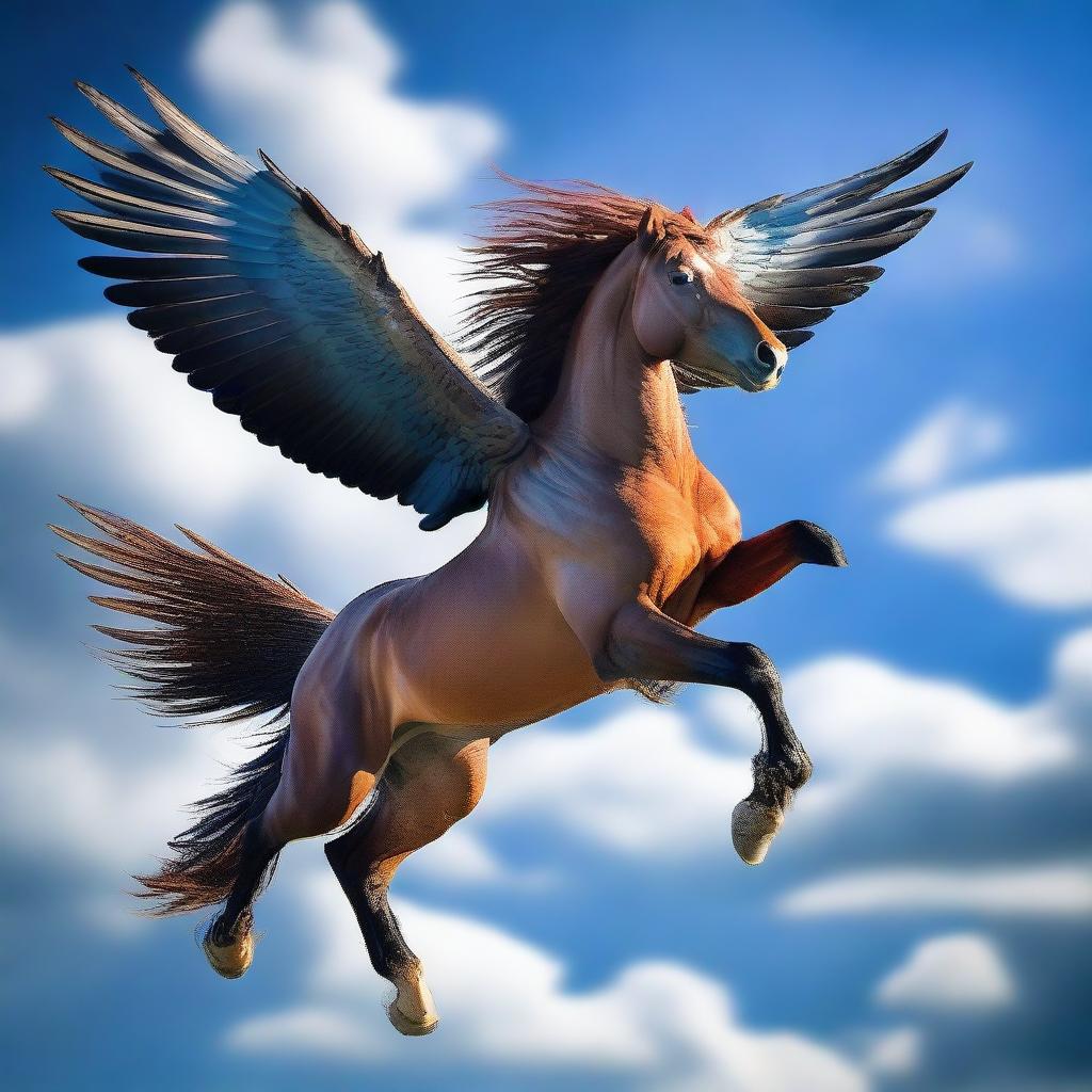 A majestic horse soaring through a deep blue sky with its powerful feathered wings fully spread