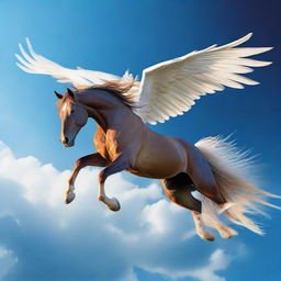 A majestic horse soaring through a deep blue sky with its powerful feathered wings fully spread