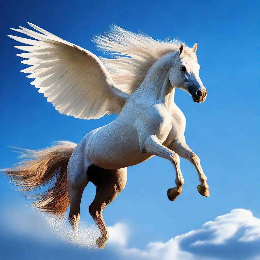 A majestic horse soaring through a deep blue sky with its powerful feathered wings fully spread