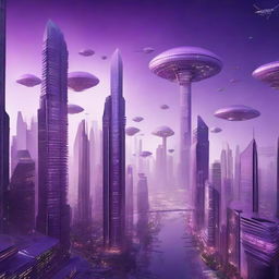 An advanced future cityscape showing a year 3000 world with floating buildings, sky bridges, and autonomous vehicles under a smoky purple sky