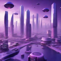 An advanced future cityscape showing a year 3000 world with floating buildings, sky bridges, and autonomous vehicles under a smoky purple sky