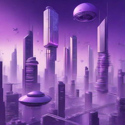 An advanced future cityscape showing a year 3000 world with floating buildings, sky bridges, and autonomous vehicles under a smoky purple sky