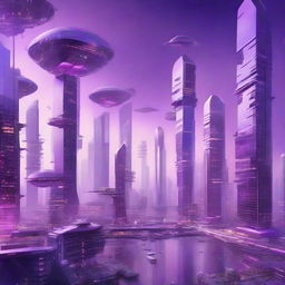 An advanced future cityscape showing a year 3000 world with floating buildings, sky bridges, and autonomous vehicles under a smoky purple sky