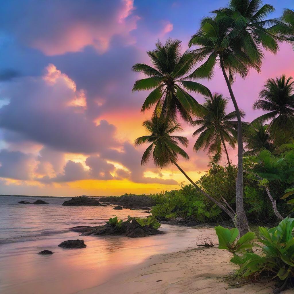 A vibrant evening at the seashore with a colorful sky, scattered coconut plants enriching the scene on an island.