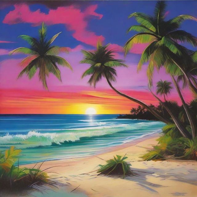 A vibrant evening at the seashore with a colorful sky, scattered coconut plants enriching the scene on an island.