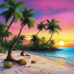 A vibrant evening at the seashore with a colorful sky, scattered coconut plants enriching the scene on an island.