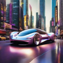 Highly advanced futuristic cars with sleek designs, floating capabilities and neon lights, zipping through the cityscape of the year 3000