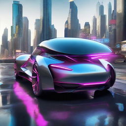 Highly advanced futuristic cars with sleek designs, floating capabilities and neon lights, zipping through the cityscape of the year 3000