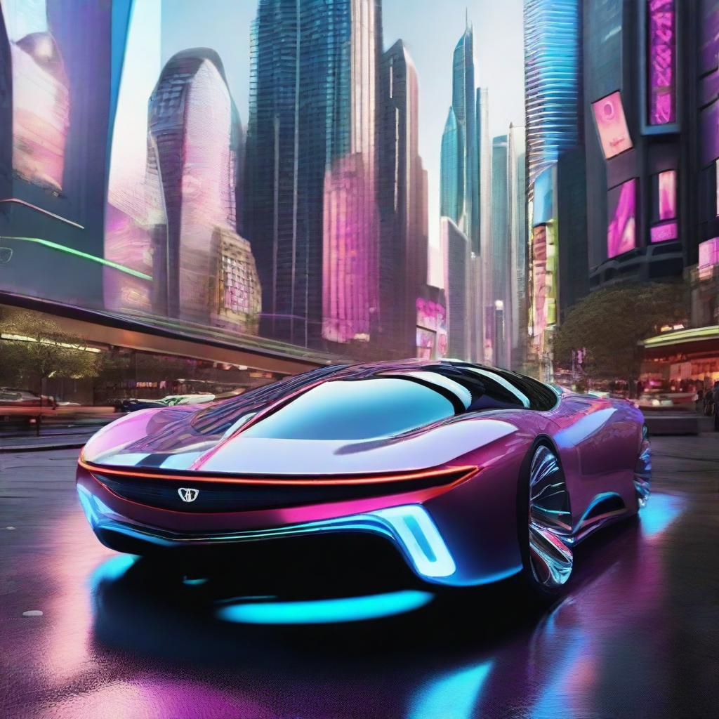 Highly advanced futuristic cars with sleek designs, floating capabilities and neon lights, zipping through the cityscape of the year 3000