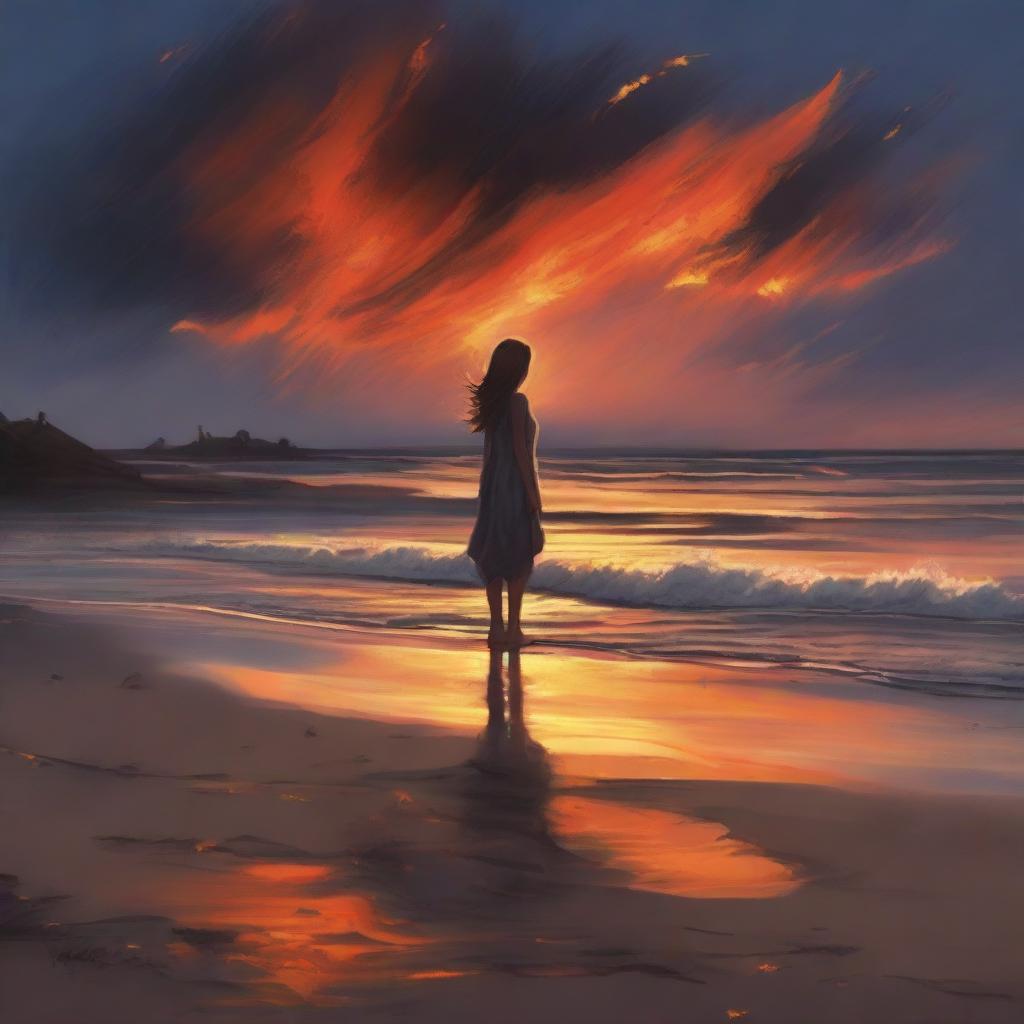 A courageous girl standing on the edge of a dramatic shoreline where the sand appears like flickering flames under a twilight sky