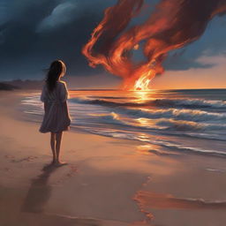 A courageous girl standing on the edge of a dramatic shoreline where the sand appears like flickering flames under a twilight sky