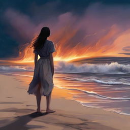 A courageous girl standing on the edge of a dramatic shoreline where the sand appears like flickering flames under a twilight sky