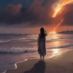 A courageous girl standing on the edge of a dramatic shoreline where the sand appears like flickering flames under a twilight sky