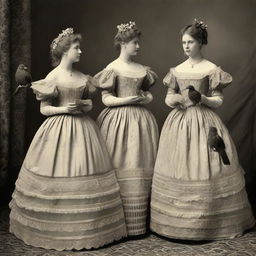 Elegant European women from the early era, adorned in ornate Crinoline cage skirts, delicately holding a bird in their hands