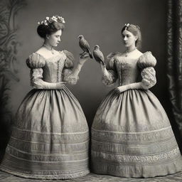 Elegant European women from the early era, adorned in ornate Crinoline cage skirts, delicately holding a bird in their hands