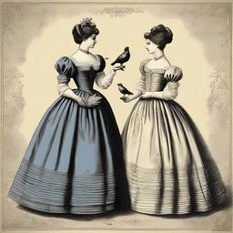 Elegant European women from the early era, adorned in ornate Crinoline cage skirts, delicately holding a bird in their hands