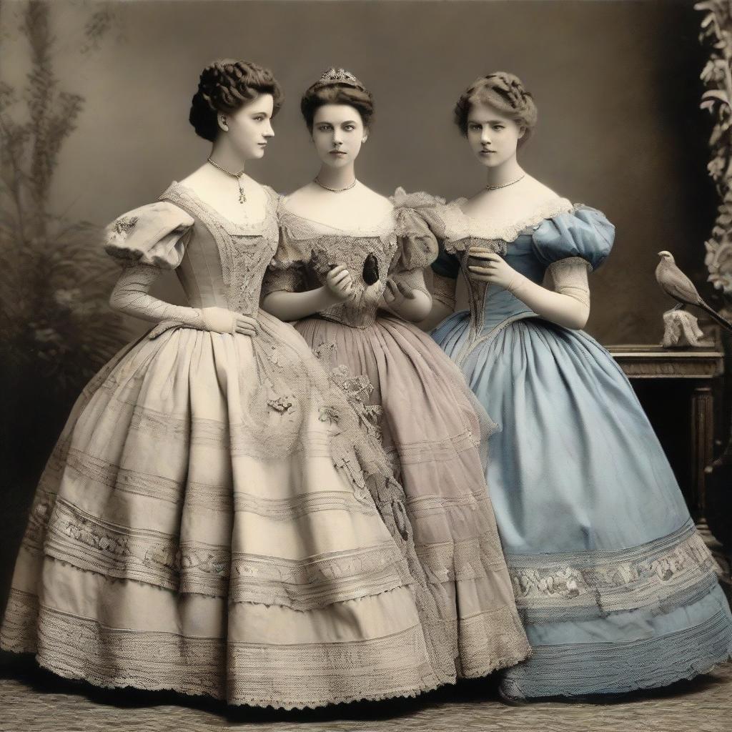 Elegant European women from the early era, adorned in ornate Crinoline cage skirts, delicately holding a bird in their hands