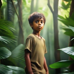 A courageous young boy in the heart of a lush jungle, surrounded by exotic plants, towering trees, and lively wildlife, with light rays breaking through the dense foliage overhead.