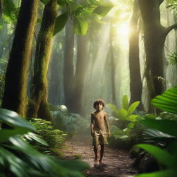 A courageous young boy in the heart of a lush jungle, surrounded by exotic plants, towering trees, and lively wildlife, with light rays breaking through the dense foliage overhead.