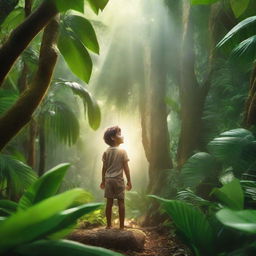 A courageous young boy in the heart of a lush jungle, surrounded by exotic plants, towering trees, and lively wildlife, with light rays breaking through the dense foliage overhead.