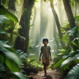 A courageous young boy in the heart of a lush jungle, surrounded by exotic plants, towering trees, and lively wildlife, with light rays breaking through the dense foliage overhead.