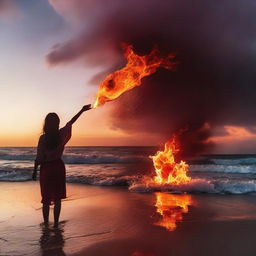 A brave girl standing on a mesmerizing beach with liquid fire washing ashore under a crimson sunset